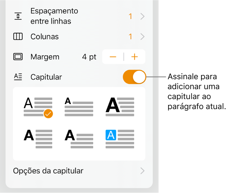 Os controlos de capitular localizados na parte inferior do menu Texto.