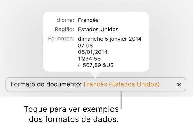 A notificação da definição diferente do idioma e região, apresentando exemplos da formatação nesse idioma e região.