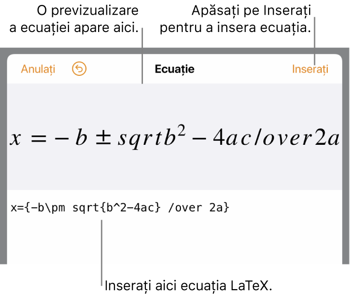 Formula cuadratică scrisă utilizând LaTeX în câmpul Ecuație și o previzualizare a formulei dedesubt.