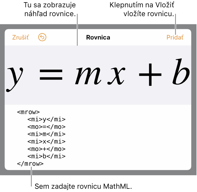 Kód MathML pre rovnicu sklonu čiary, vyššie sa nachádza náhľad vzorca.
