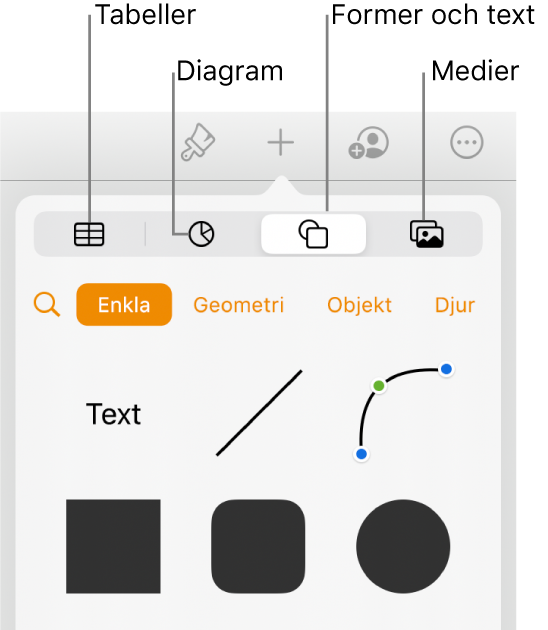 Popovern Infoga med knappar för att lägga till tabeller, diagram, text, former och medier överst.