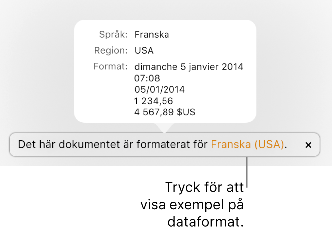 Meddelandet om olika språk- och regioninställningar samt exempel på formatering för det andra språket och den andra regionen.
