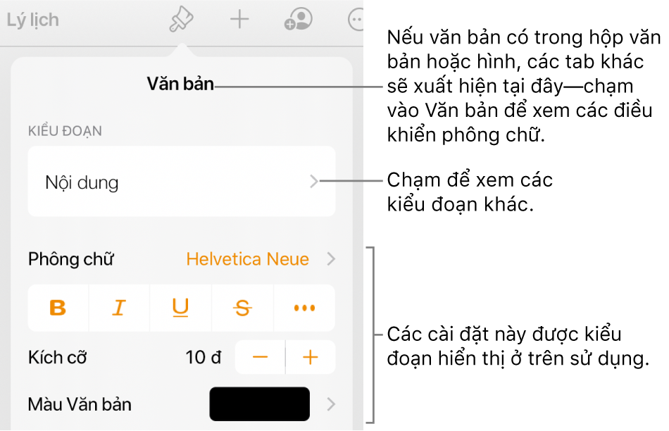 Menu Định dạng đang hiển thị các điều khiển văn bản để đặt kiểu, phông chữ, kích cỡ và màu của đoạn và ký tự.