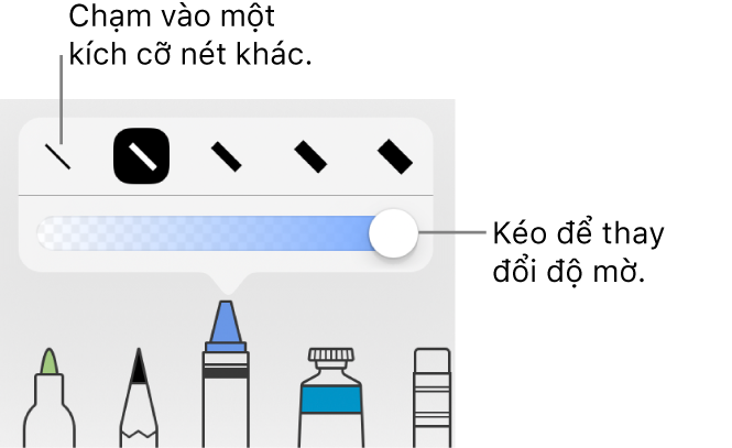 Các điều khiển để chọn một kích cỡ nét và thanh trượt để điều chỉnh độ mờ.