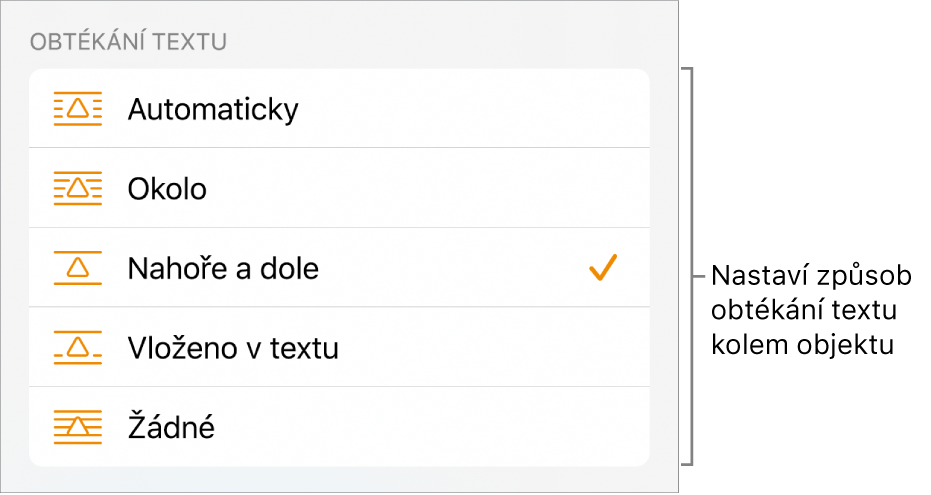 Ovládací prvky Obtékání textu s položkami Automaticky, Okolo, Nahoře a dole, Vložené v textu a Žádné