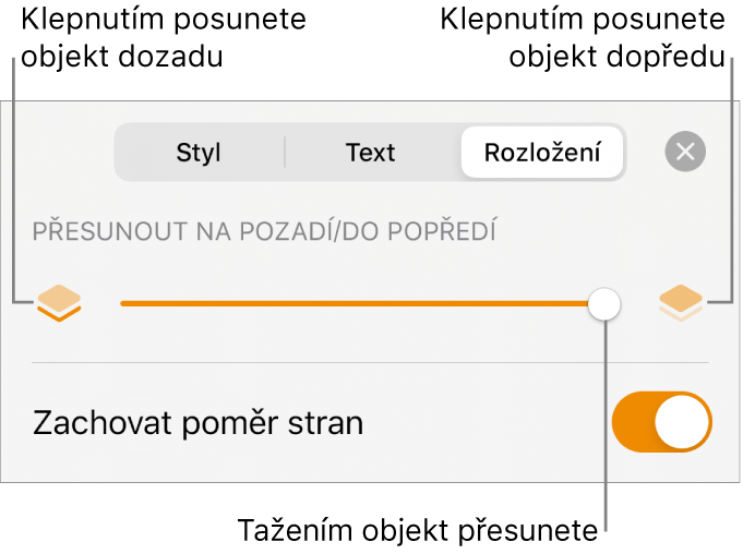 Tlačítko pro přesun vzad, tlačítko pro přesun vpřed a posuvník vrstev
