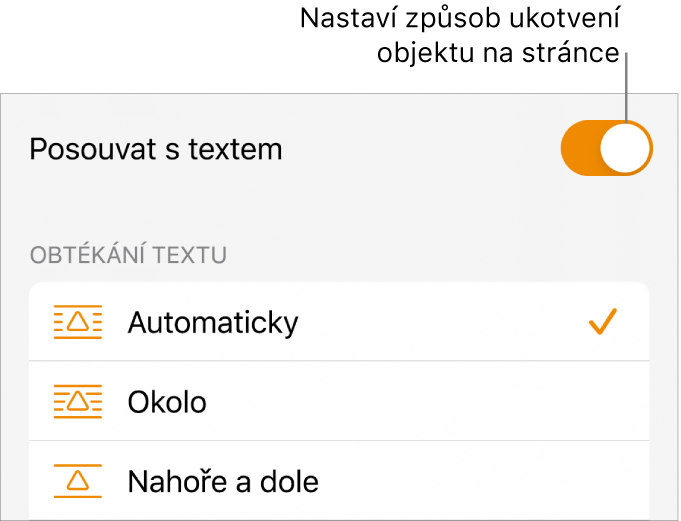 Ovládací prvky rozložení s funkcemi Přesunout na pozadí/do popředí, V textu a Obtékání textu
