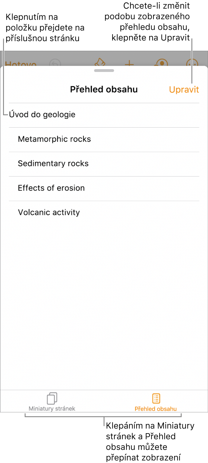 Zobrazení přehledu obsahu se seznamem záhlaví. V pravém horním rohu je umístěno tlačítko Upravit a dole se nacházejí tlačítka Miniatura stránky a Obsah