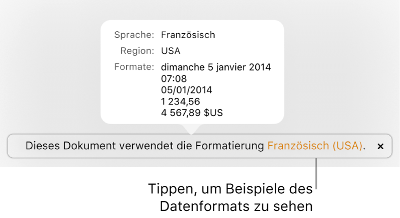 Die Mitteilung zur anderen Sprache und Region mit Beispielen der Formatierung in dieser Sprache und Region.