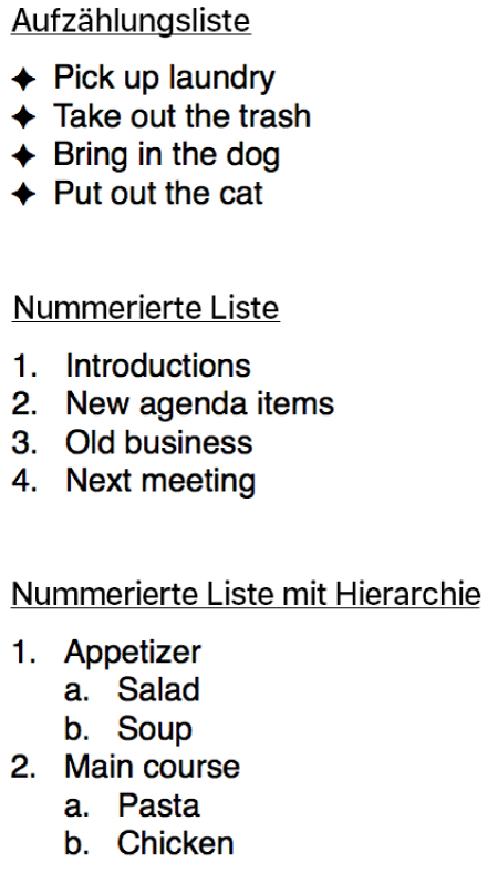 Beispiele für Listen mit Aufzählungspunkten, nummerierte Listen und hierarchische Listen