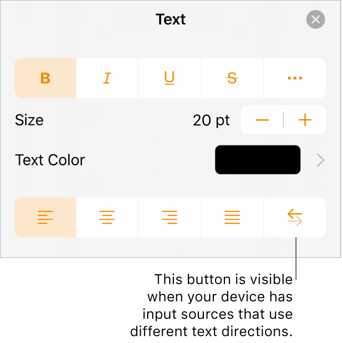 Text controls in the Format menu with a callout pointing to the Right to Left button.