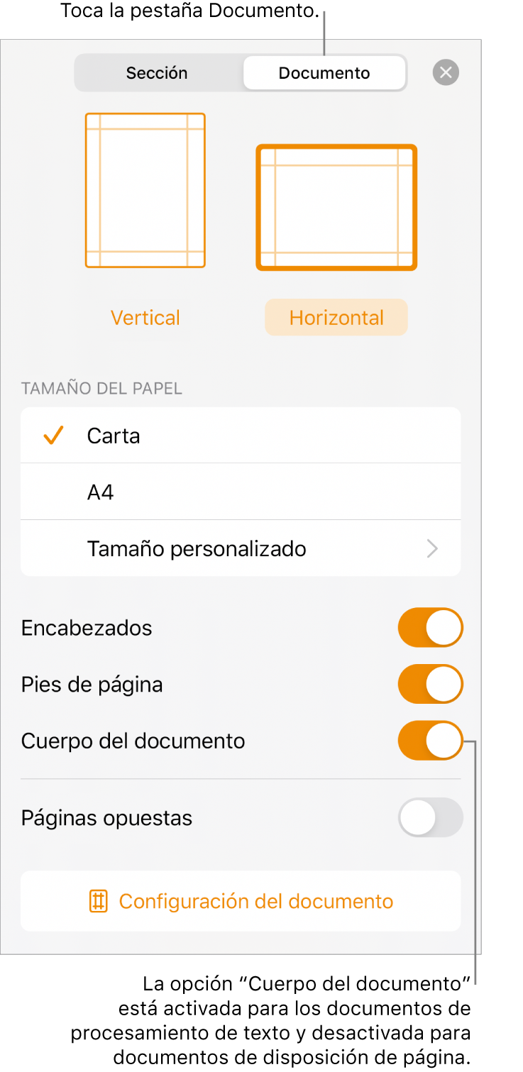 Los controles de formato del Documento con “Cuerpo del documento” activado cerca de la parte inferior de la pantalla.