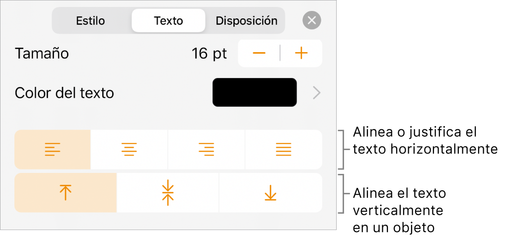 El panel Alineación con llamadas a los botones de alineación de texto y espaciado.