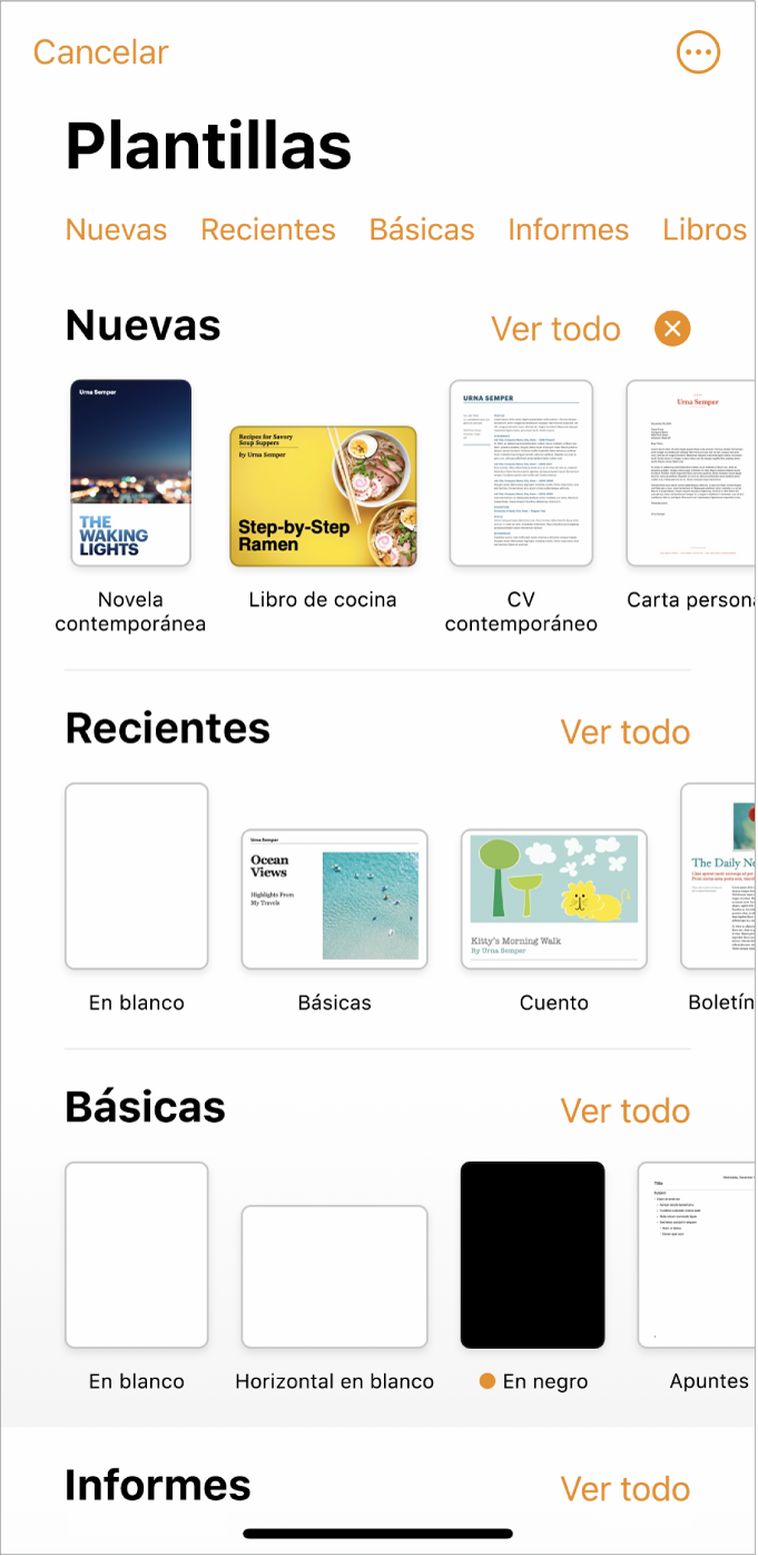 El selector de plantilla, mostrando una fila de categorías a lo largo de la parte superior en la que puedes pulsar para filtrar las opciones. Debajo aparecen miniaturas de plantillas prediseñadas organizadas en filas por categorías, empezando por Nueva en la parte superior y seguida por Recientes y Básicas. Por encima y a la derecha de cada fila de categoría aparece un botón “Ver todo”. El botón “Idioma y región” se encuentra en la esquina superior derecha.