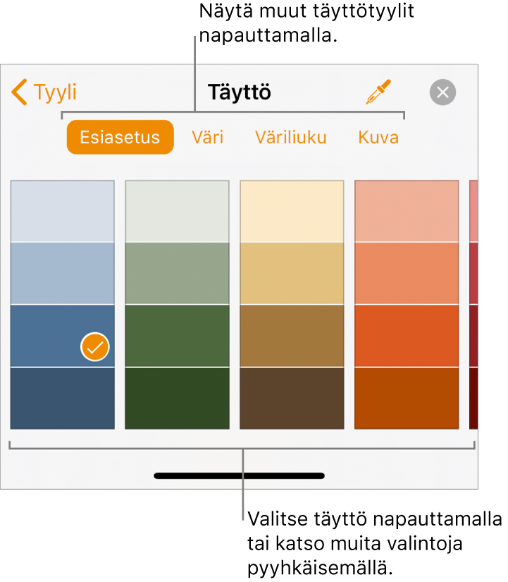 Muoto-painikkeen Tyyli-välilehden täyttövalintoja.