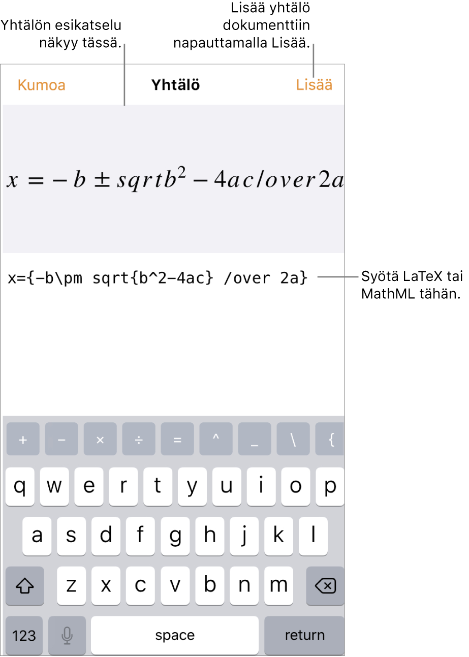 Yhtälö-valintaikkuna, jossa näkyy LaTeX:ää käyttäen syötetty neliökaava, ja yllä kaavan esikatselu.