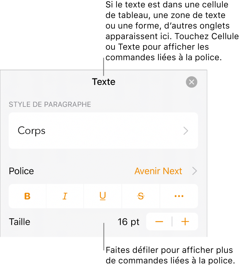 Commandes de texte du menu de format permettant de définir les styles, la police, la taille et la couleur des paragraphes et des caractères.