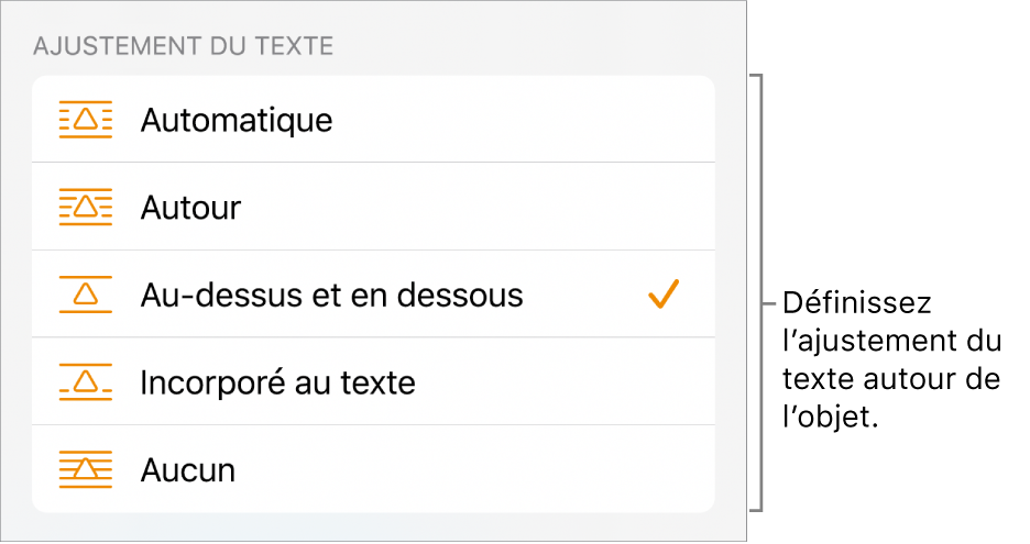 Les commandes « Ajuster au texte » avec les réglages Automatique, Autour, Au-dessus et en dessous, Incorporé au texte et Aucun.