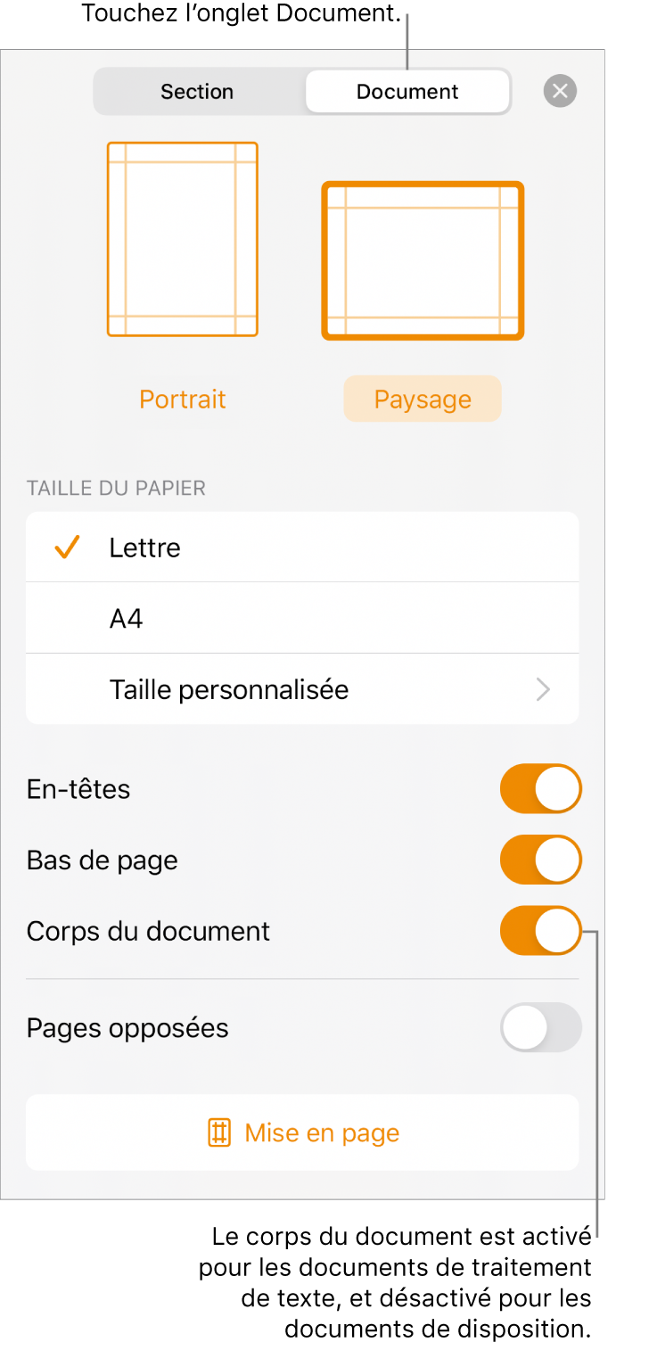 Les commandes Format du document et Corps du document activées vers le bas de l’écran.