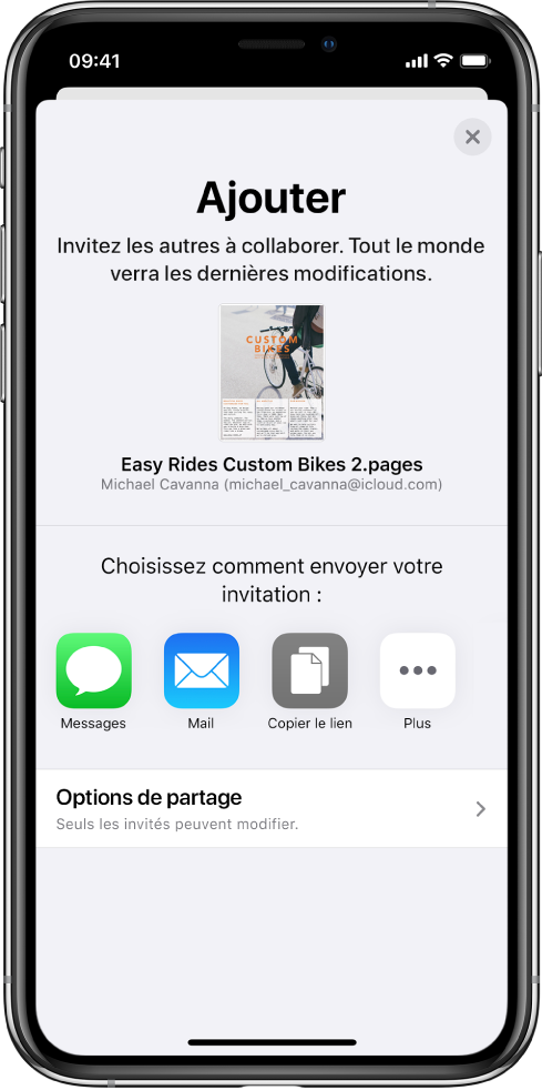 L’écran Ajouter des personnes avec l’image du document à partager. On trouve en dessous les différents boutons pour envoyer l’invitation, y compris Messages et Mail, Copier le lien et Plus. Le bouton Options de partage se trouve en bas.