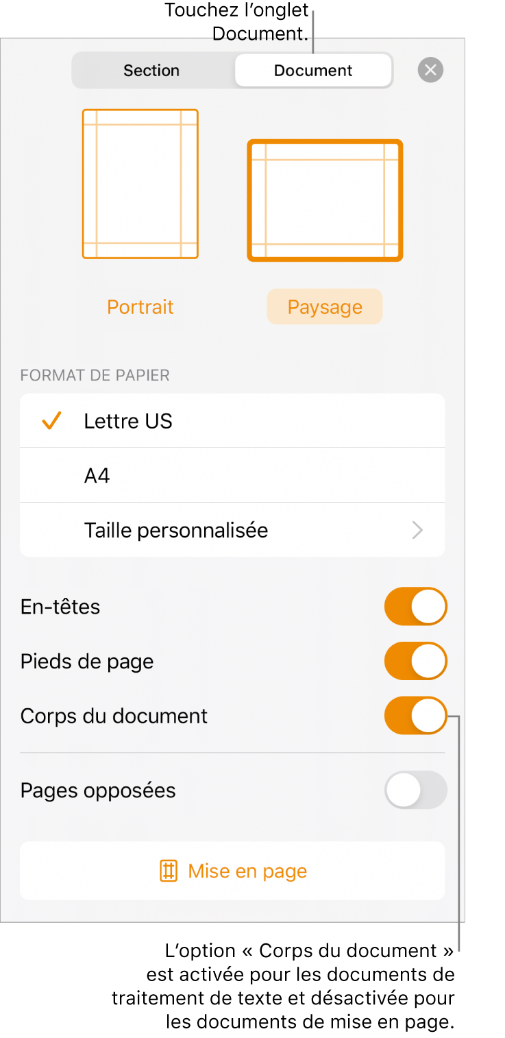 Les commandes de mise en forme de document avec l’option « Corps du document » activée vers le bas de l’écran.