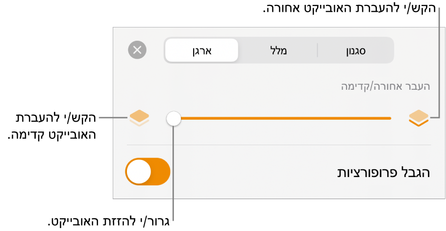 הכפתור ״העבר אחורה״, הכפתור ״העבר קדימה״ והמחוון של סידור בשכבות