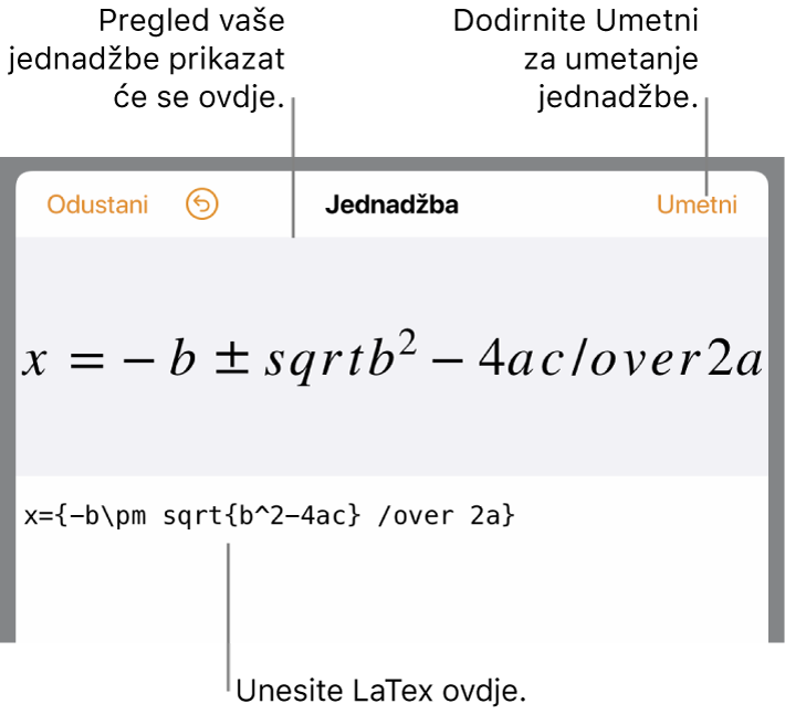 Kvadratna formula napisana pomoću LaTeXa u polju jednadžbe i pregled jednadžbe u nastavku.