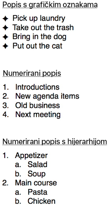 Primjeri popisa s grafičkim oznakama, numeriranih popisa i popisa s hijerarhijom.