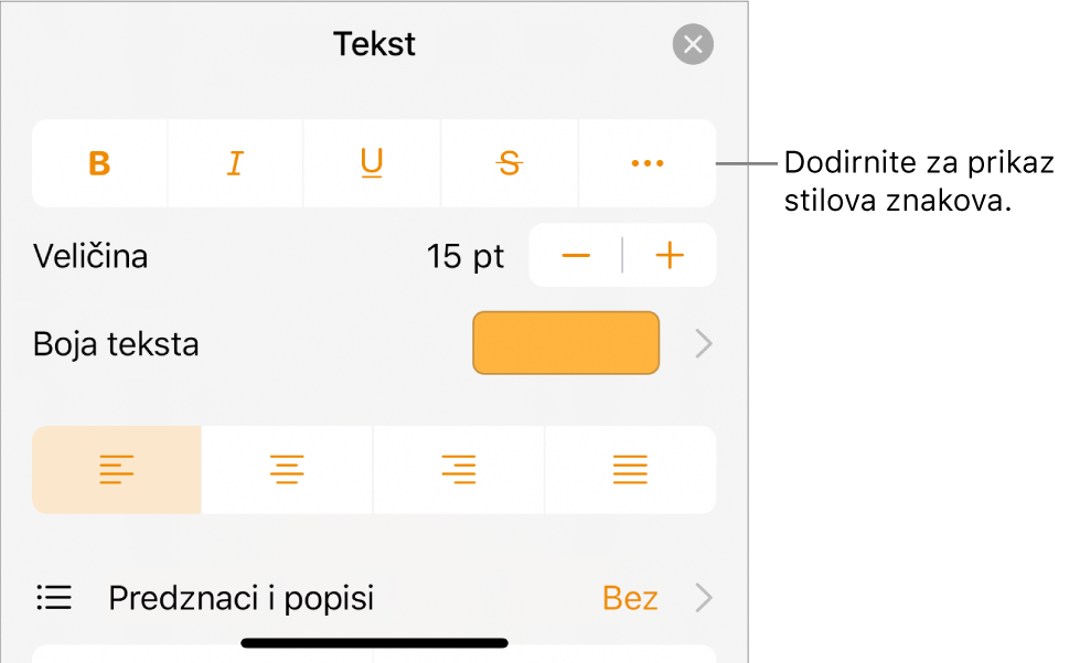 Kontrole opcije Formatiraj s tipkama za opcije teksta Podebljano, Kurziv, Podcrtavanje, Precrtavanje i Više.