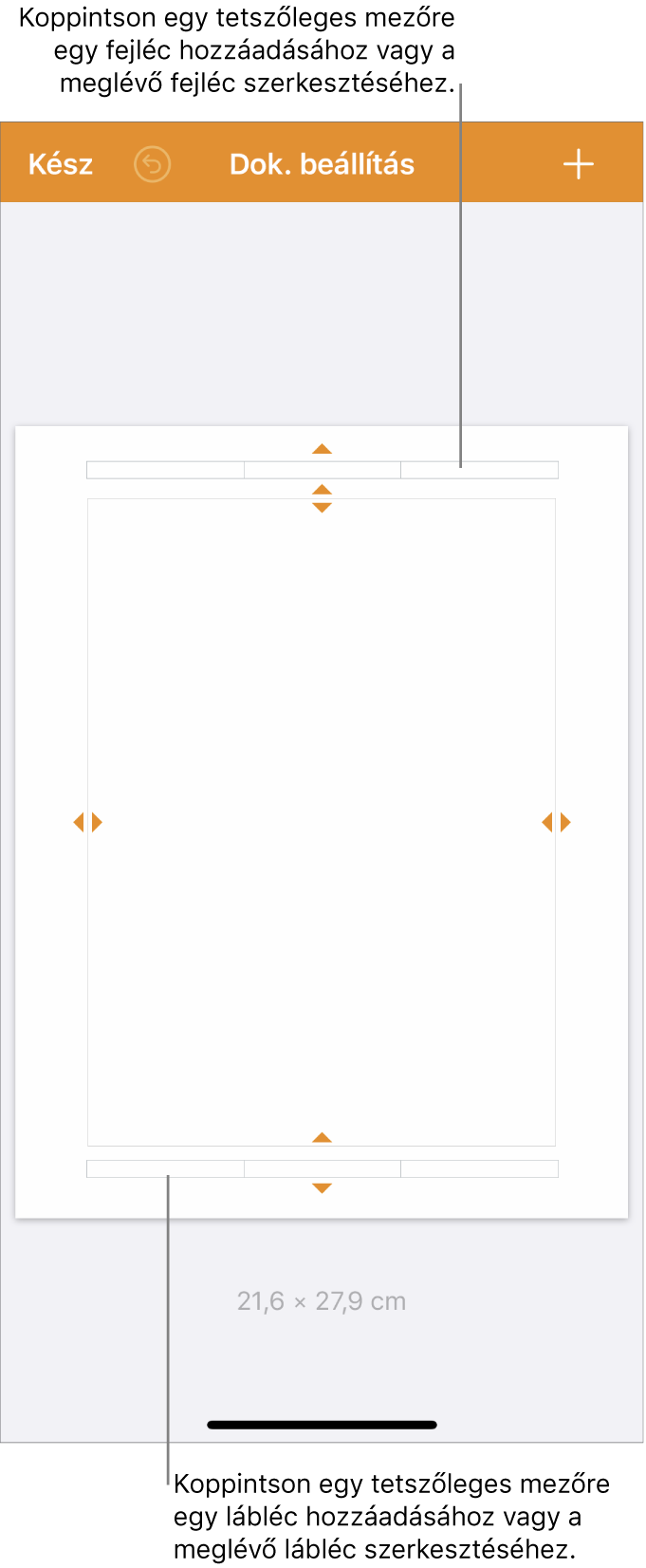 A Dokumentumbeállítás nézet, három mezővel a dokumentum tetején és alján.