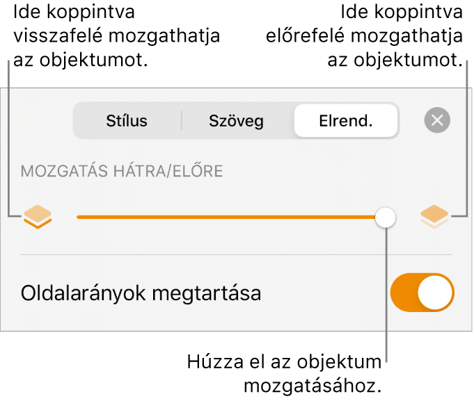 Visszafelé mozgatás gomb, Mozgatás előre gomb és a rétegezés csúszka.