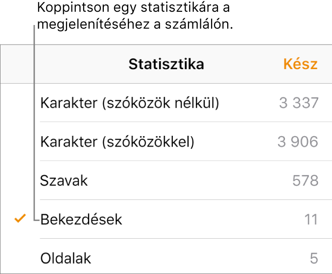 A Statisztika menü, amelyben a karakterek száma (szóközökkel és anélkül), a szószám, a bekezdések száma és az oldalak száma megjelenítésének beállításai láthatók.