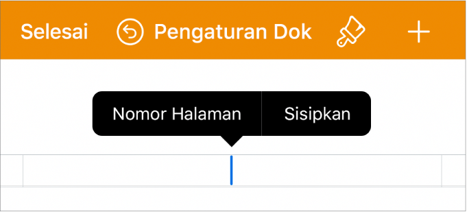 Jendela Pengaturan Dok dengan titik penyisipan di bidang header dan menu popup dengan dua item menu: Nomor Halaman dan Sisipkan.
