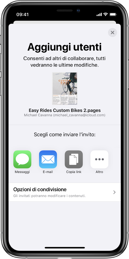 La schermata “Aggiungi persone” che mostra un’immagine del documento da condividere. Al di sotto ci sono i pulsanti delle modalità per inviare l’invito, che includono Messaggi, Mail, “Copia link” e Altro. Nella parte inferiore c’è il pulsante “Opzioni di condivisione”.