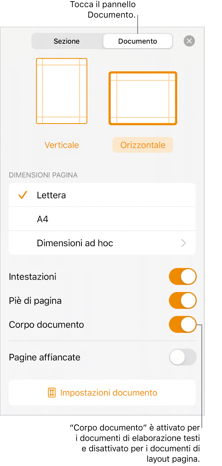 I controlli di formattazione Documento con “Corpo documento” attivato nella parte inferiore dello schermo.