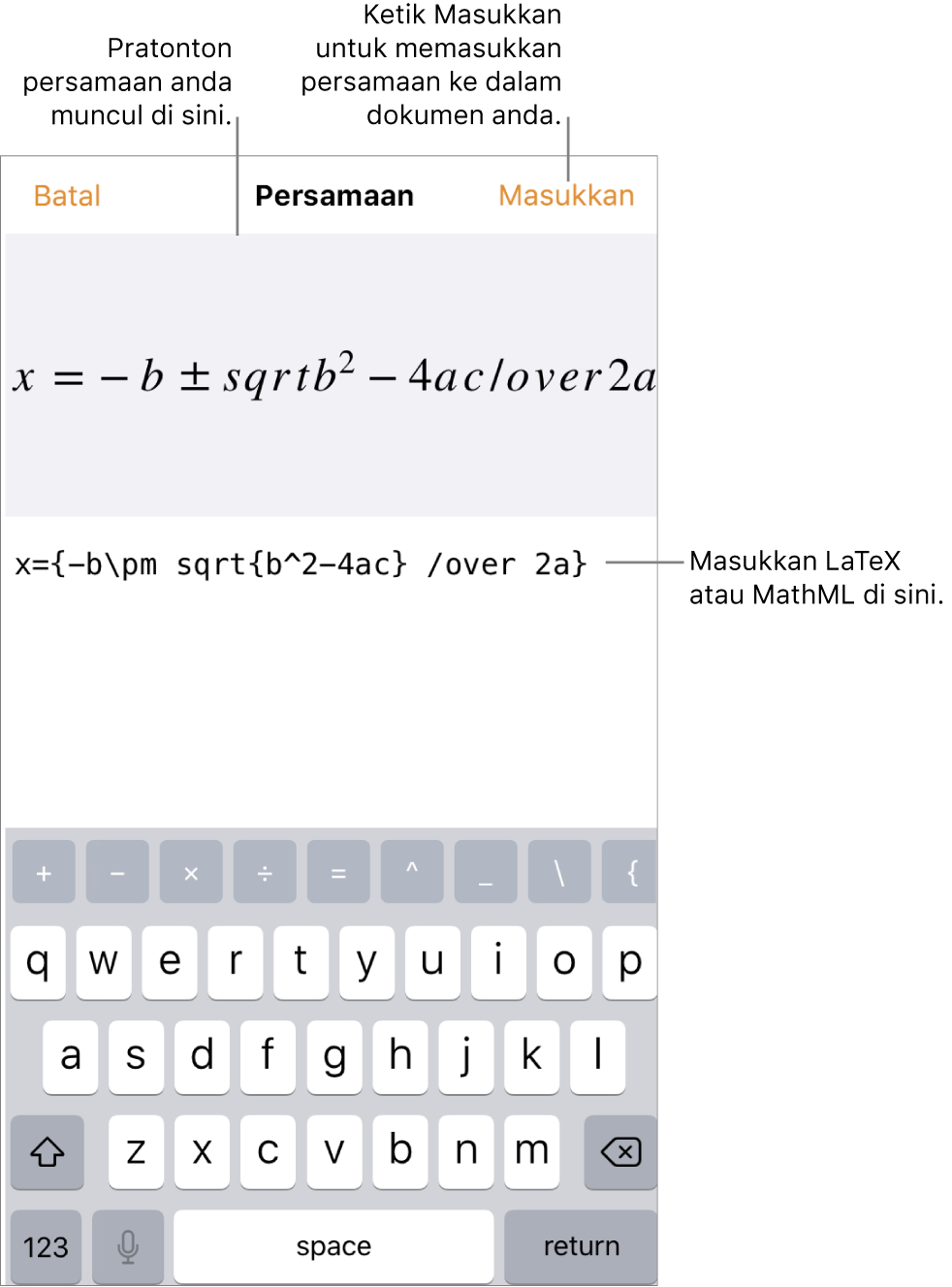 Dialog Persamaan, menunjukkan formula kuadratik ditulis menggunakan perintah LaTeX manakala pratonton formulanya di atas.