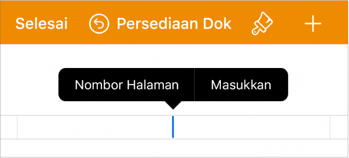 Tetingkap Persediaan Dok dengan titik sisipan dalam medan pengepala dan menu timbul dengan dua item menu: Nombor Halaman dan Masukkan.