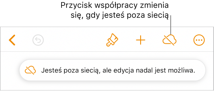 Przyciski na górze ekranu; przycisk Współpracuj wyświetlany jest jako chmura przekreślona ukośną linią. Alert zawierający następującą informację: Brak połączenia z siecią, ale edycja nadal jest możliwa.