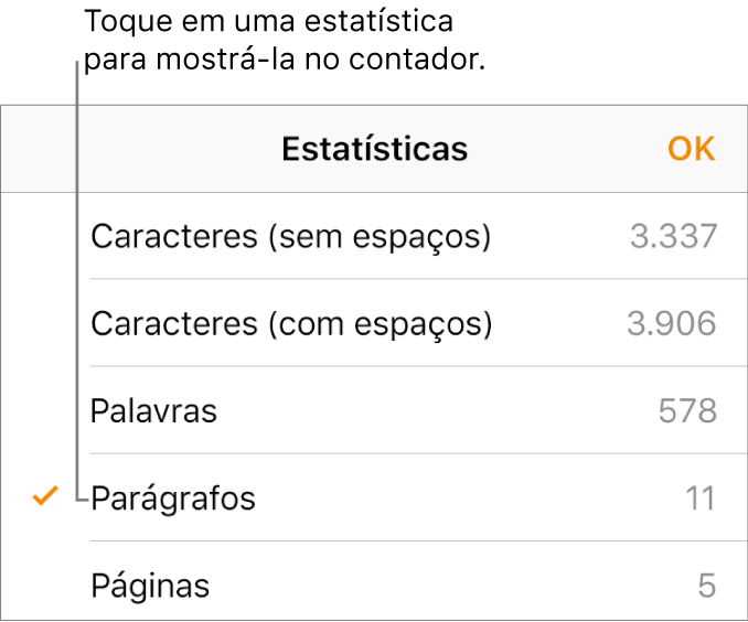 O menu Estatísticas mostrando opções para mostrar o número de caracteres com e sem espaços, contagem de palavras, contagem de parágrafos e contagem de páginas.