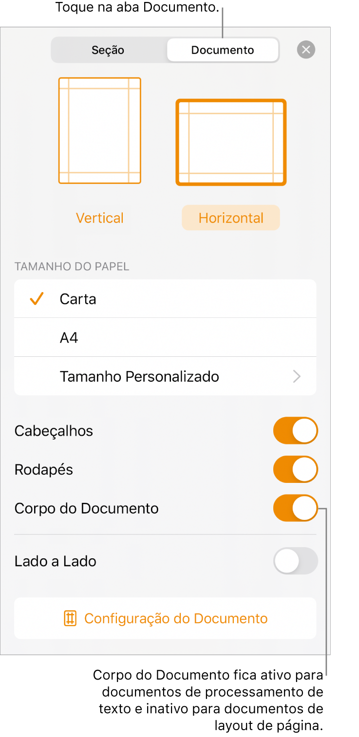 Controles de formatação Documento, com “Corpo do Documento” ativado próximo à parte inferior da tela.