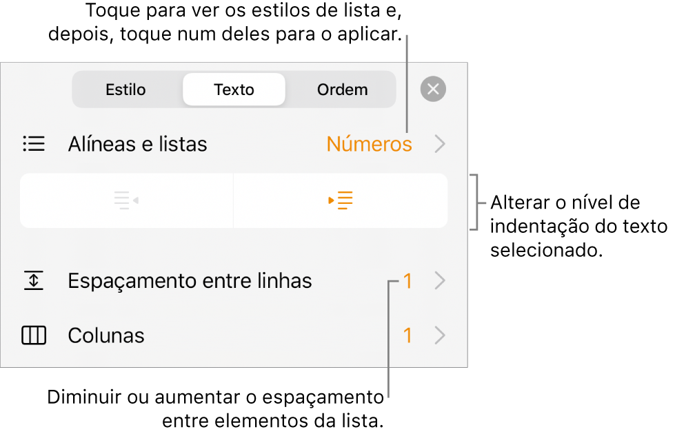 A secção “Marcas e listas” dos controlos de Formatação com chamadas para “Marcas e listas”, botões de remover indentação e de indentação e controlos de espaçamento.