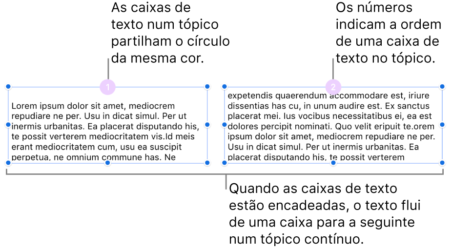 Duas caixas de texto com círculos roxos na parte superior e os números 1 e 2 nos círculos.