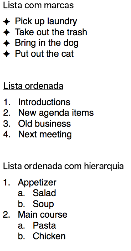 Exemplos de listas com marcas, ordenadas e hierárquicas.