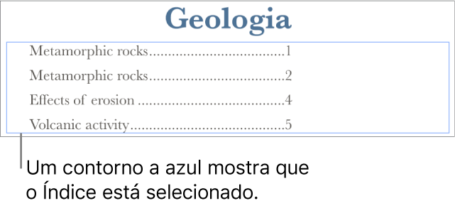 Um índice inserido num documento. As entradas mostram cabeçalhos juntamente com os respetivos números de página.