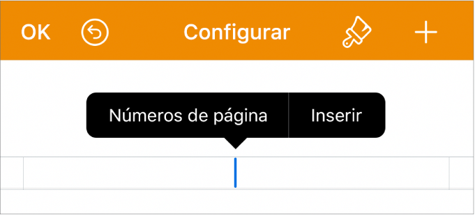 A janela “Configurar documento” com o ponto de inserção num campo de cabeçalho e um menu pop‑up com dois elementos de menu: Números de página e Inserir.
