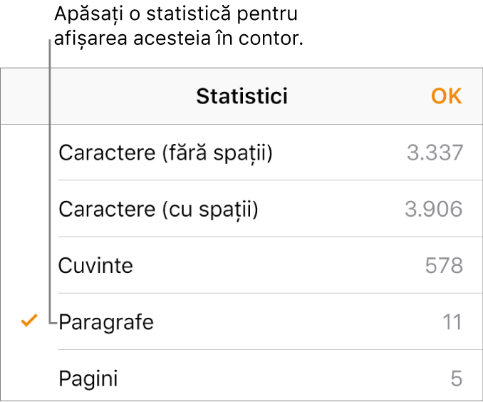 Meniul Statistici cu opțiunile de a afișa numărul de caractere fără și cu spații, numărul de cuvinte, numărul de paragrafe și numărul de pagini.