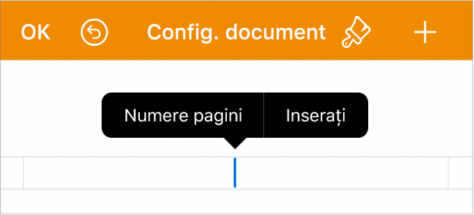 Fereastra Config. document cu punctul de inserare într-un câmp de antet și un meniu pop-up cu două elemente de meniu: Numere pagini și Inserați.