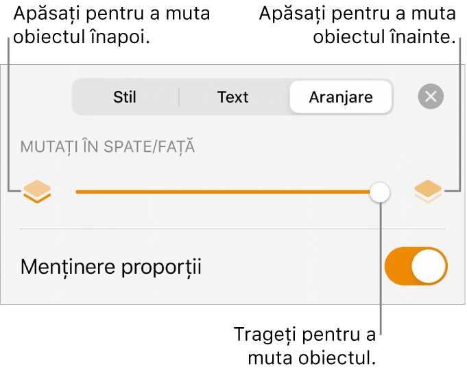 Butonul Deplasare înapoi, butonul Deplasare înainte și glisorul pentru straturi.