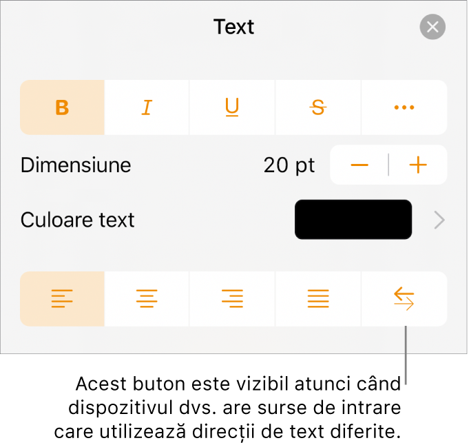 Comenzile pentru text din meniul Format cu o explicație referitoare la butonul De la dreapta la stânga.