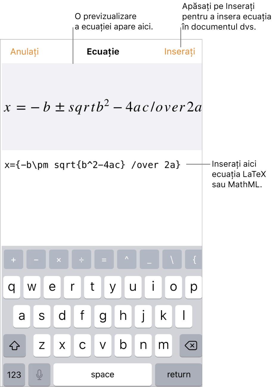 Caseta de dialog Ecuație, afișând formula cuadratică scrisă cu ajutorul comenzilor LaTeX și, deasupra, o previzualizare a formulei.